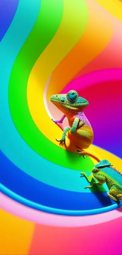 Vibrant chameleon on colorful abstract rainbow background.