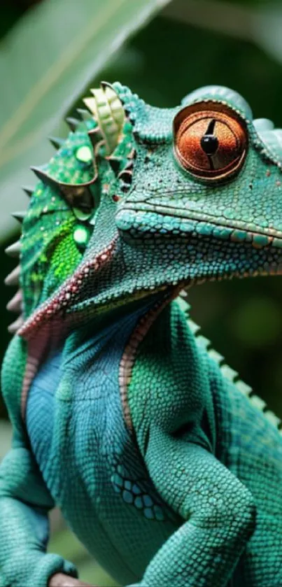 Close-up image of a vibrant, green chameleon showcasing detailed textures.