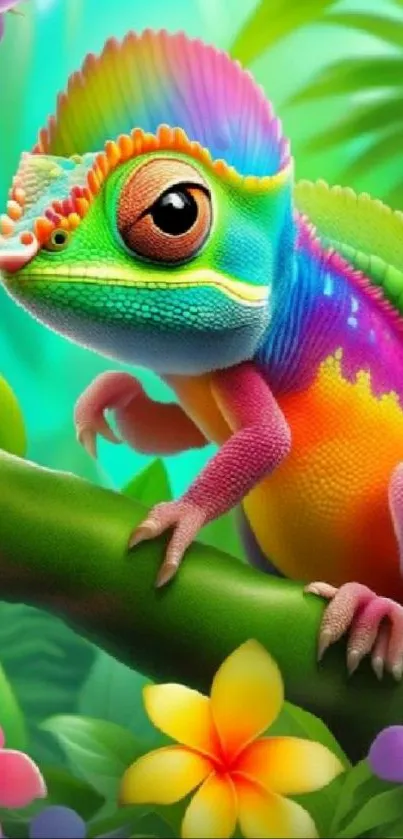 Vibrant chameleon in tropical setting with colorful hues and floral accents.