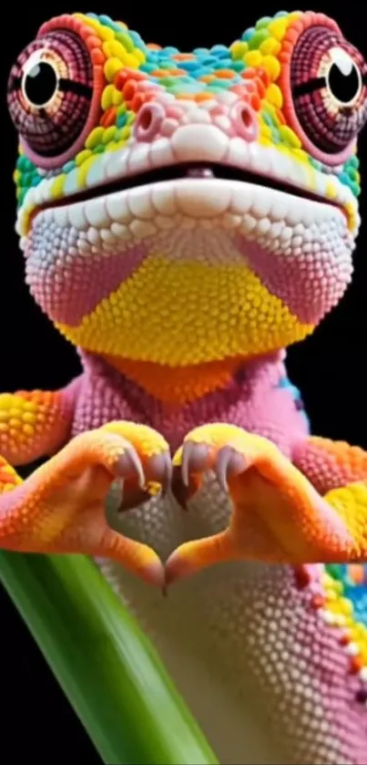 Chameleon with a colorful body forming a heart shape on black background.