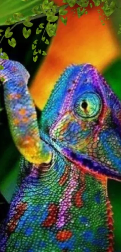A vibrant chameleon with lush green foliage backdrop.