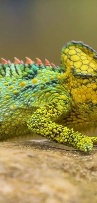 Vibrant green and yellow chameleon on a rock, close-up view.