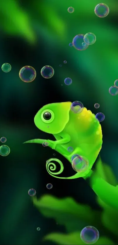 Green chameleon with bubbles in a vibrant jungle setting.