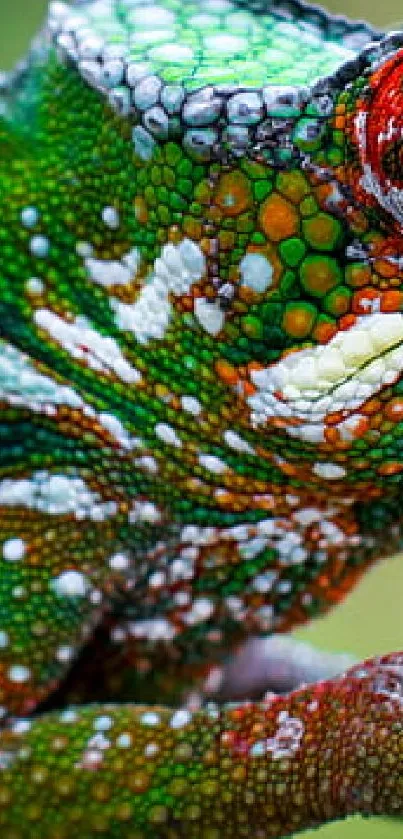 Colorful chameleon perched on a branch with vibrant green hues.