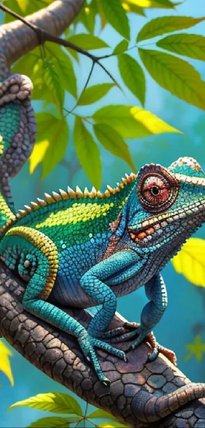 Colorful chameleon on a branch with green leaves in the background.