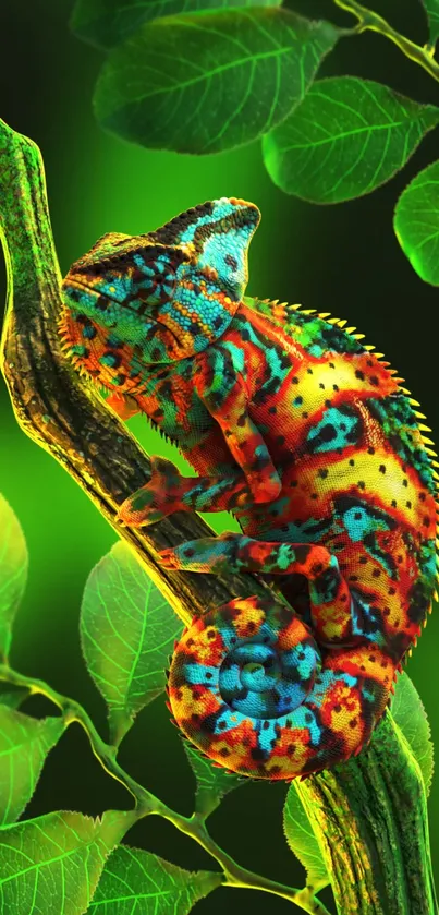 A vibrant chameleon on vivid green foliage.