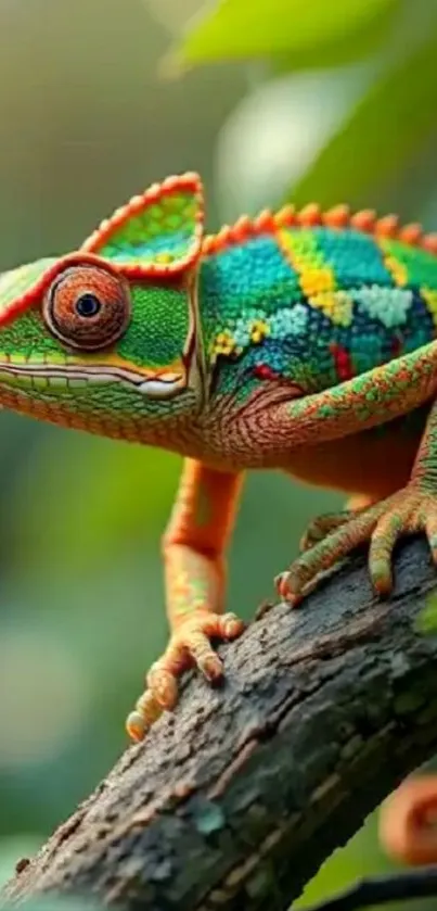 A vibrant chameleon perched on a branch amid lush green foliage.