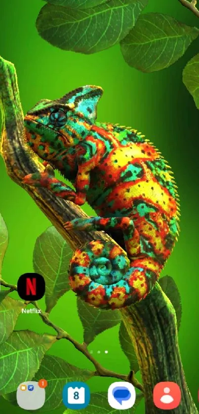 A vibrant chameleon resting on a green leafy branch.