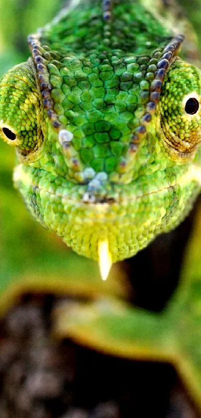 Vibrant chameleon with detailed green scales on a natural backdrop.