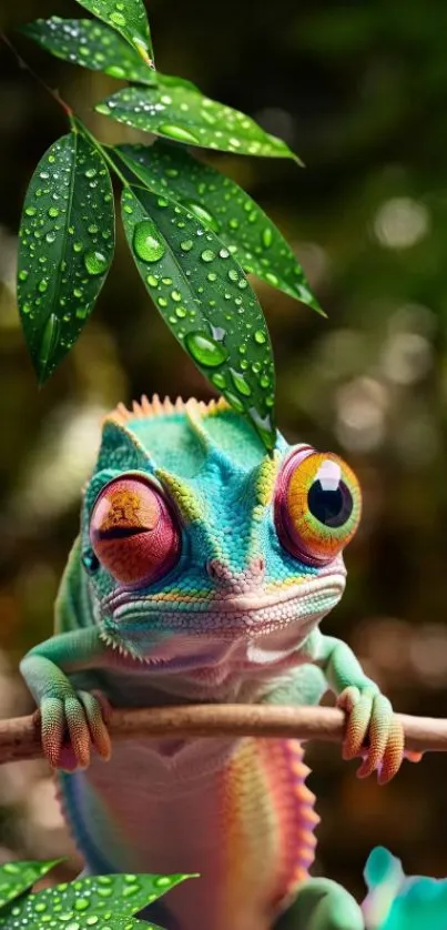 A vibrant chameleon perched on a branch with green leaves.