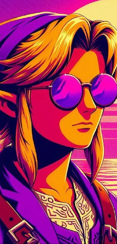 Vibrant anime character with sunglasses in a pink and purple design.