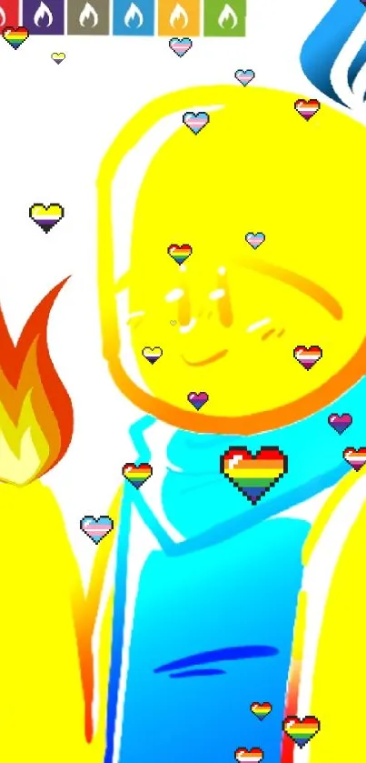 Cheerful yellow character with blue flame in digital art.