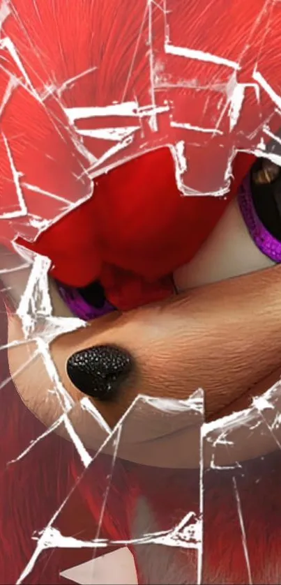 Vibrant red character with shattered glass effect on mobile wallpaper.