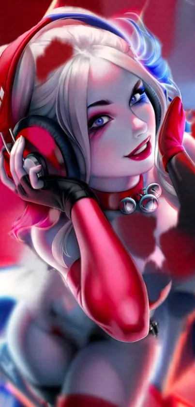 Vibrant character art with headphones and dominant red hues.