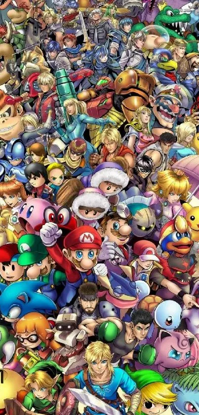 Colorful collage of video game characters on a mobile wallpaper.