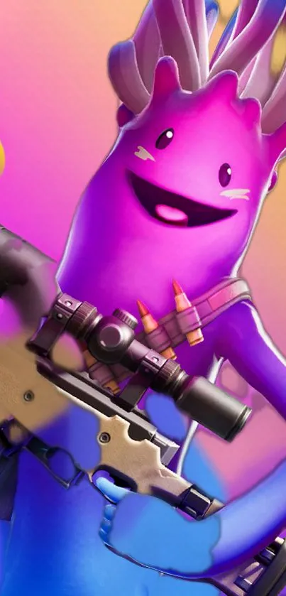 Vibrant purple gaming character with a colorful background.