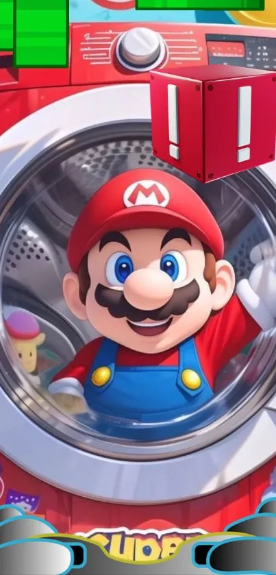Cartoon character in a red washing machine with vibrant colors.