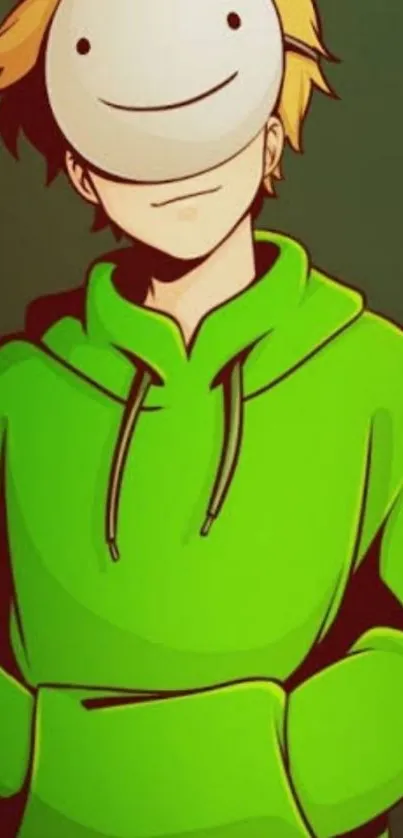 Vibrant illustration of a character with a smiling mask in a green hoodie.