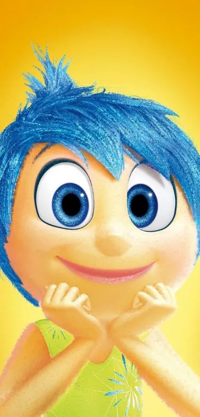 Blue-haired animated character on a vibrant yellow background.