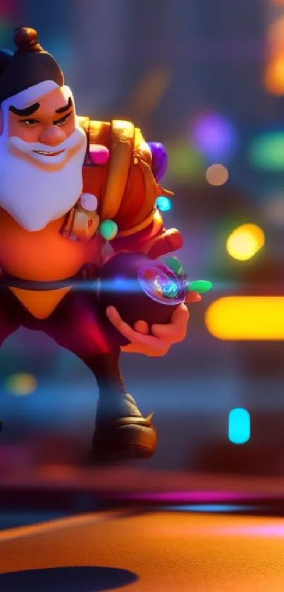 Colorful character in vibrant neon setting.