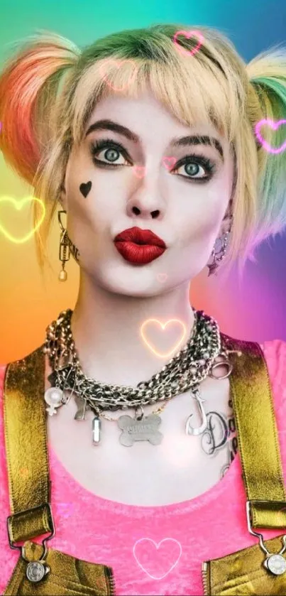 Vibrant character with colorful hair and bold makeup on rainbow background.