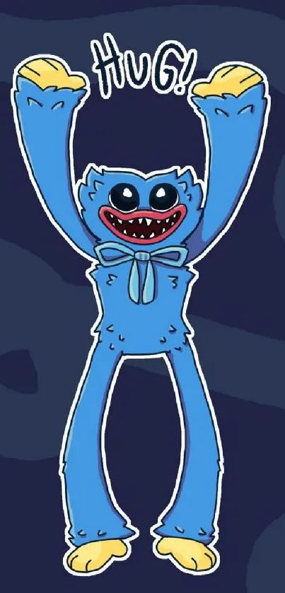 Playful blue character with arms raised on a dark background.