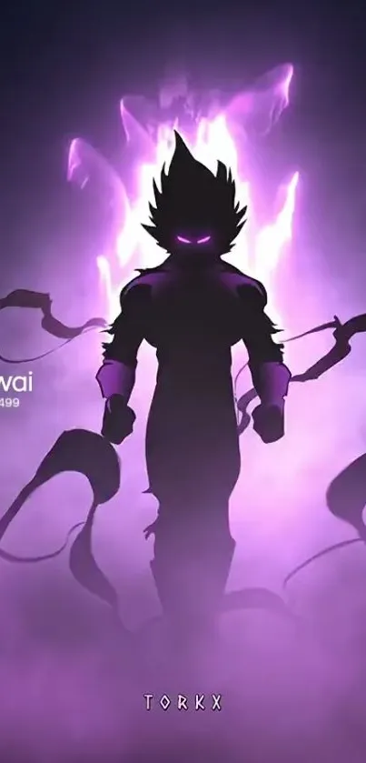 Anime silhouette with glowing purple aura on a dark background.