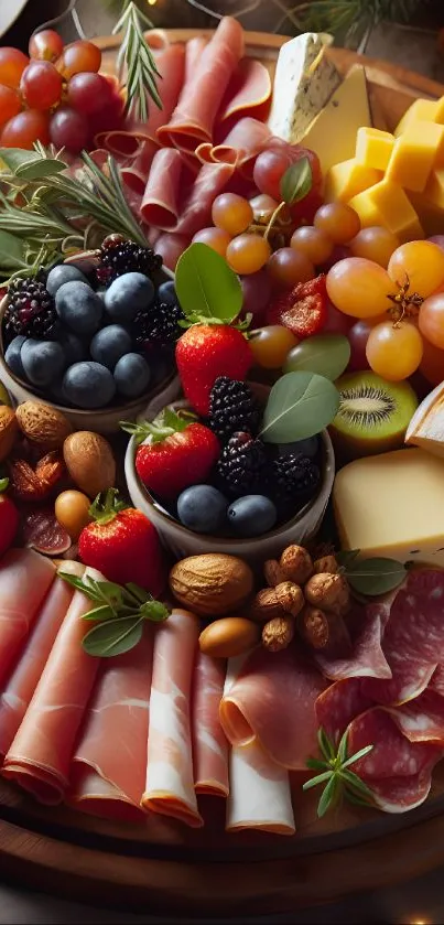 Colorful charcuterie board with fruits, cheese, and meats on a wooden surface.