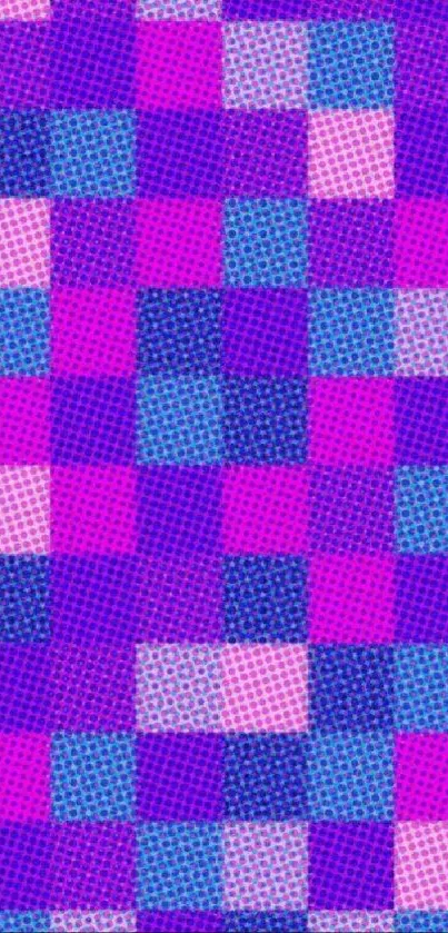 Colorful abstract checkered wallpaper with blue and pink squares.