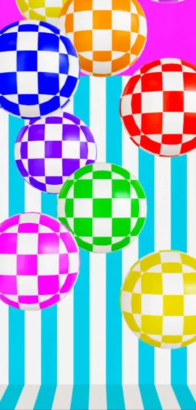 Checkered balloons on striped aqua background wallpaper.