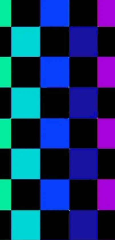 Vibrant checkered wallpaper with black, teal, blue, and pink squares.