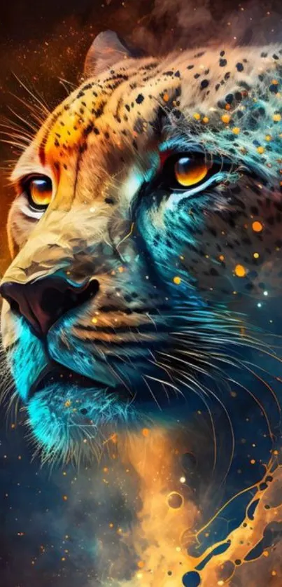 Artistic cheetah with vibrant orange and blue colors.