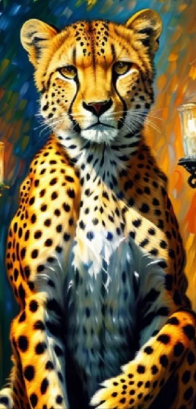 Artistic representation of a cheetah with vibrant colors and elegant features.