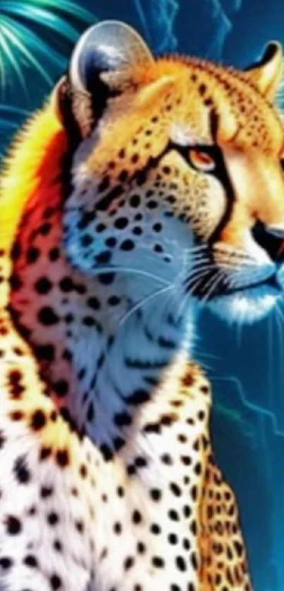 Vibrant artistic depiction of a cheetah in a jungle setting.