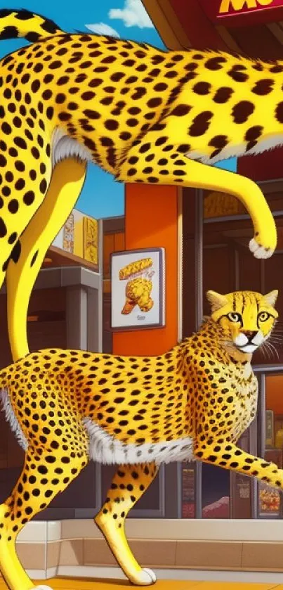 Illustrated cheetah in vibrant urban setting