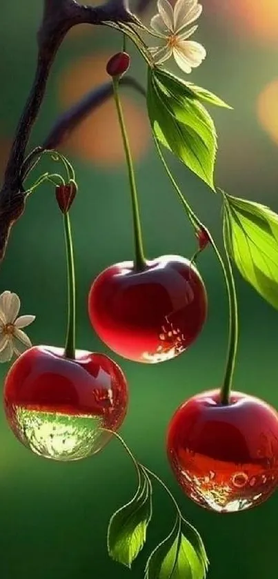 Vibrant cherries with green leaves on a branch.