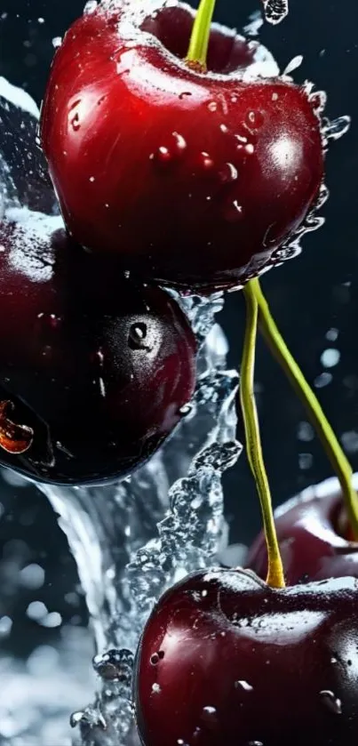 Juicy cherries splashing in water with a dark backdrop.