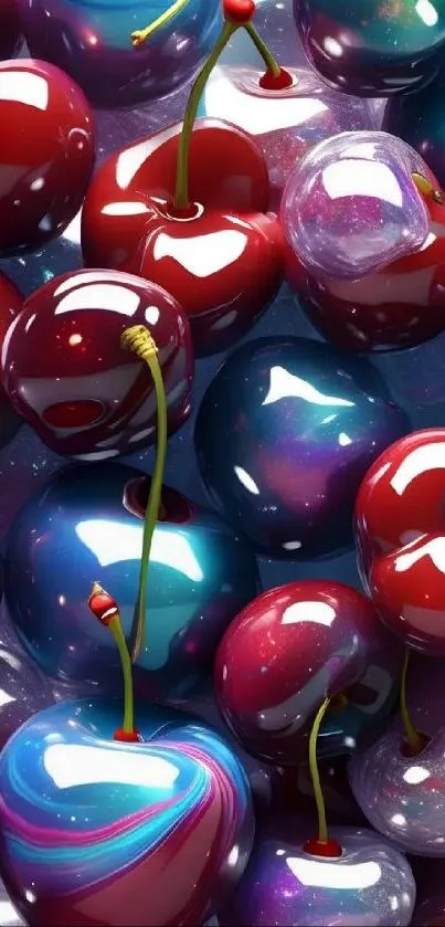 Vibrant cosmic cherries on a galaxy-themed mobile wallpaper.