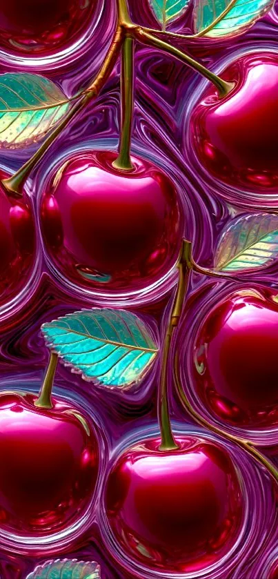 Vibrant cherries with turquoise leaves on a textured background.