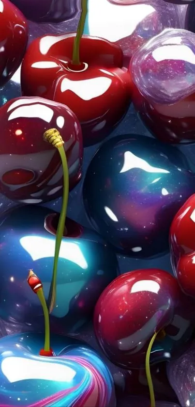 Vibrant cherries with galaxy hues mobile wallpaper.