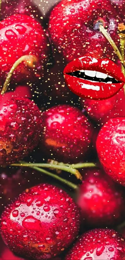 Vibrant red cherries and lips design wallpaper.