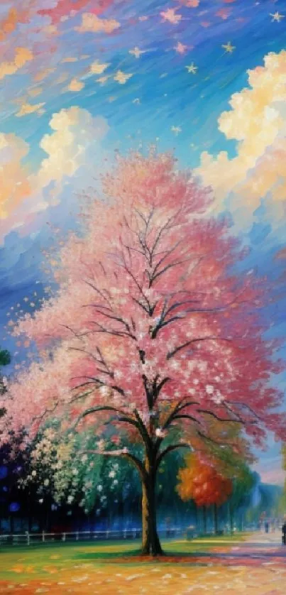 A vibrant cherry blossom tree under a colorful sky.