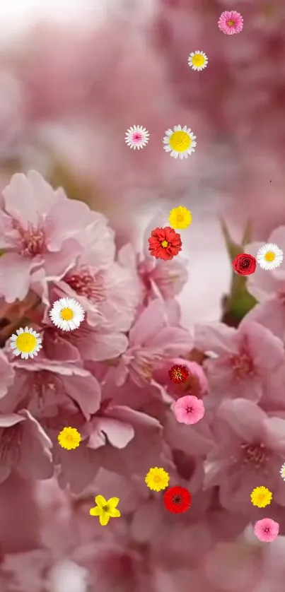 Pink cherry blossom wallpaper with colorful flowers.