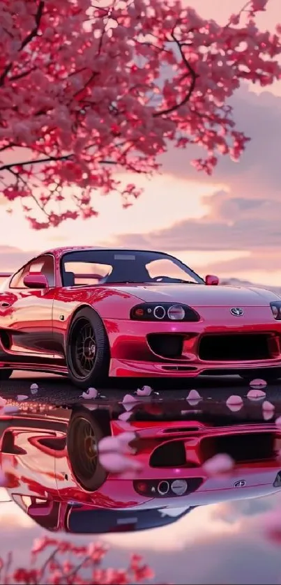 Car under cherry blossoms with pink reflection.