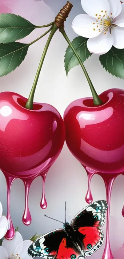 Juicy cherries with blossoms and butterfly wallpaper.