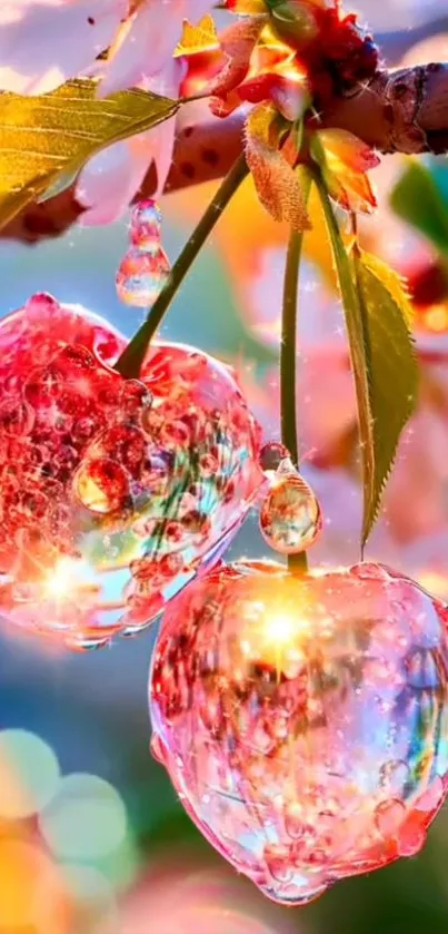 Ice-encased cherry blossoms glowing in the sunlight with bokeh.