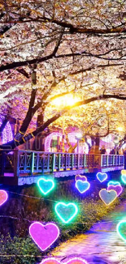 Cherry blossom night scene with neon heart lights.