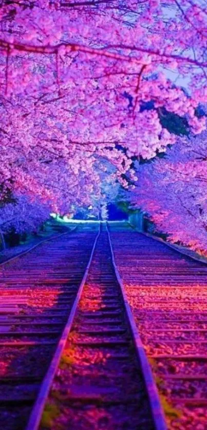 Vibrant cherry blossom pathway with pink and purple hues.