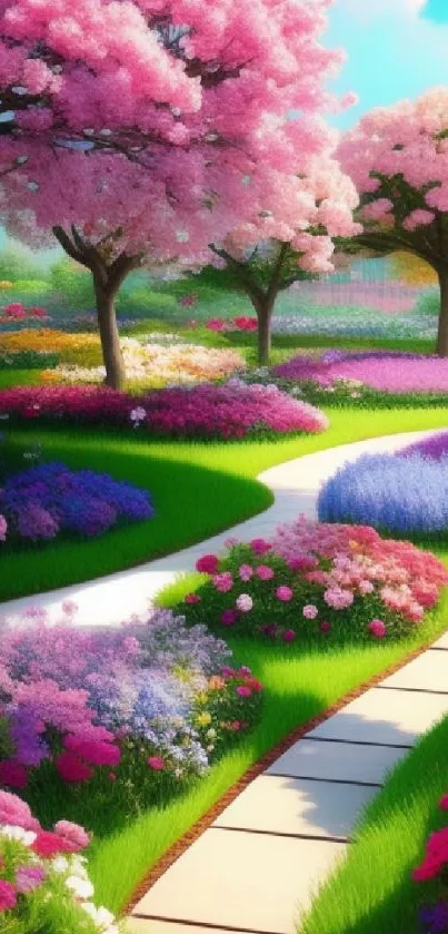 Cherry blossom pathway with vibrant flowers in a lush garden setting.