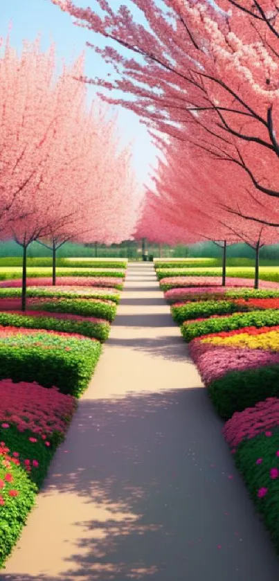 Pink cherry blossom trees lining a garden path.